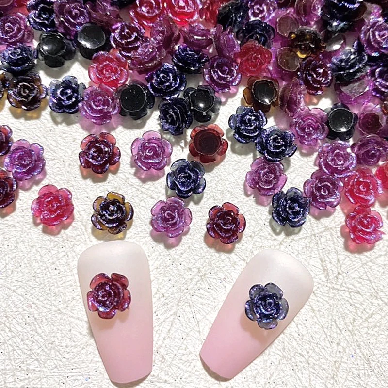 30PCS 3D Acrylic Flower Nail Art Charms 8MM Glitter Dark Rose Accessories Parts For Nails Decoration Manicure Supplies Matrials