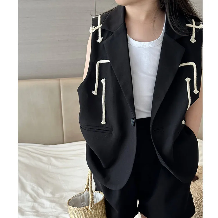 

1-12Y Children's suit vest new personalized white webbing single vest children's black vest 90-160cm