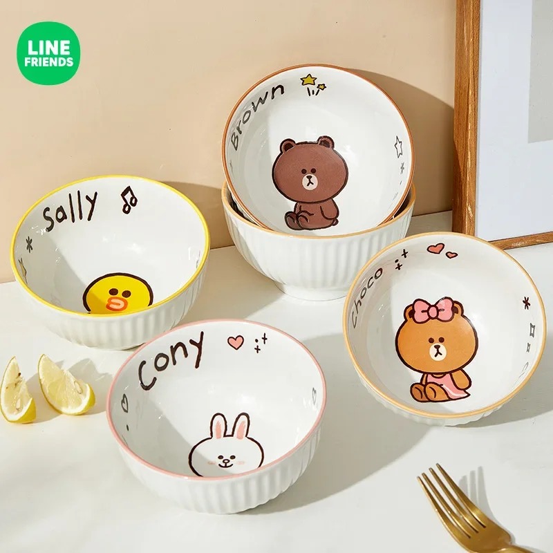 

LINE FRIENDS Аниме Kawaii Sally Cony Керамическая полосатая чаша Набор Choco Домашняя еда Посуда 4 шт. Коричневая мультяшная милая миска для риса Подарок