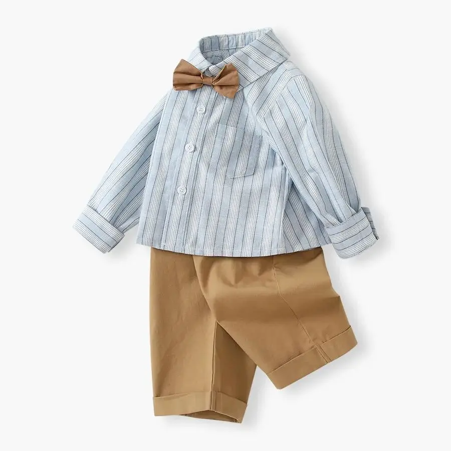 

Autumn Children's Clothing Boys Striped Long-Sleeved Bow Tie Shirt Top With Pants Gentleman Casual Baby Two-Piece Outfit Sets