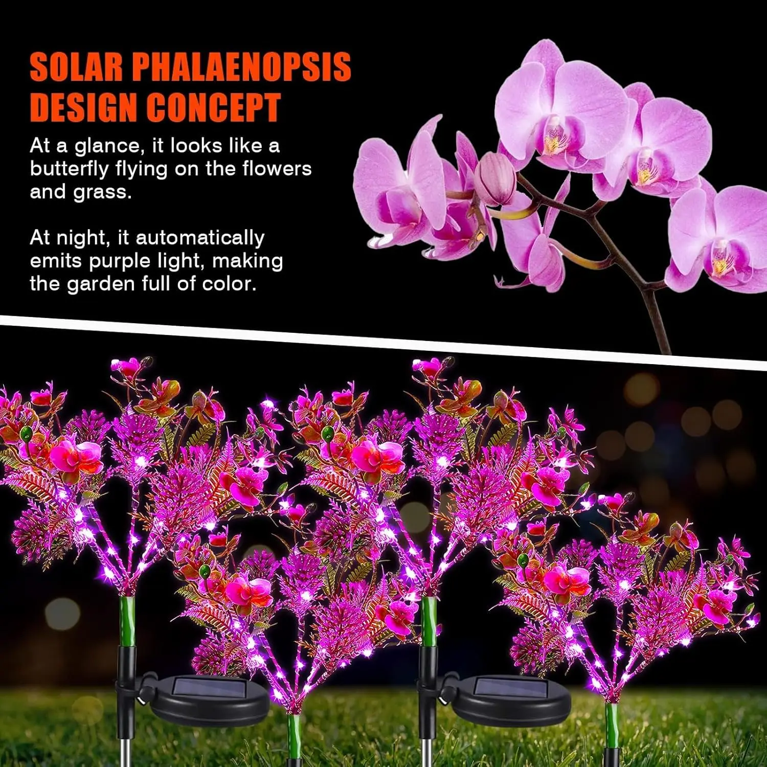 Solar Garden Light Purple Phalaenopsis Solar Flowers Outdoor Waterproof Solar Light Decorative for Garden Yard Outside Decor