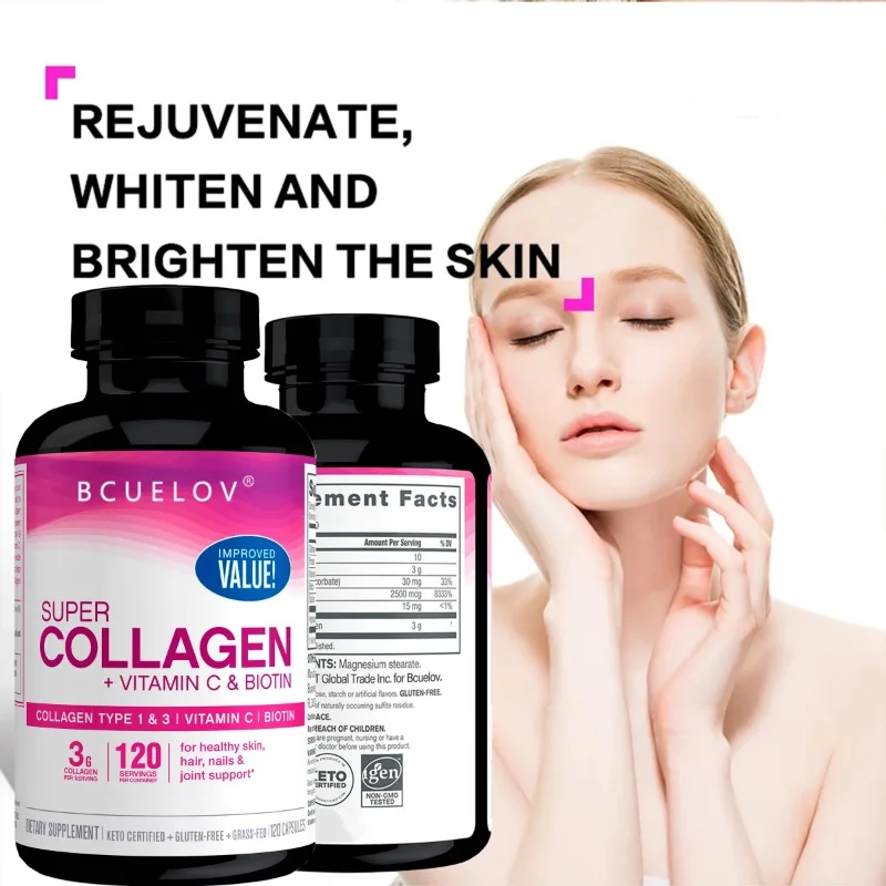 Collagen vitamins and biotin nutritional supplements for healthy skin, skin elasticity, and healthy hair, skin and nails