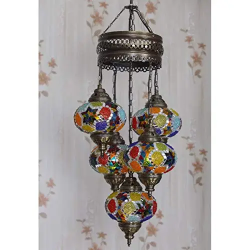 LaModaHome 40 + Unique Colors, 2020 Customizable Chandelier 5 Globes + Free 5 Bulbs, stunning Mosaic Turkish Lamp Moroccan Light