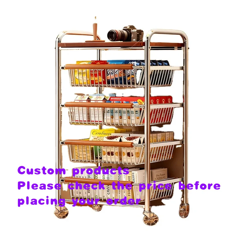 

custom.Direct Metallic Wood Top Stainless Steel Double-Sided 4-Shelf Rolling Utility Cart Display Rack Multi-layer