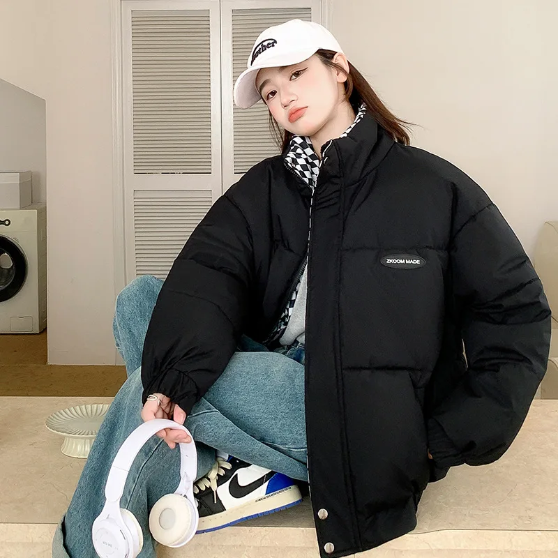 女性の秋/冬トップコートコットンコートスタンドアップカラーソリッドカラーショートチェック柄肥厚フリース裏地快適なニッチ