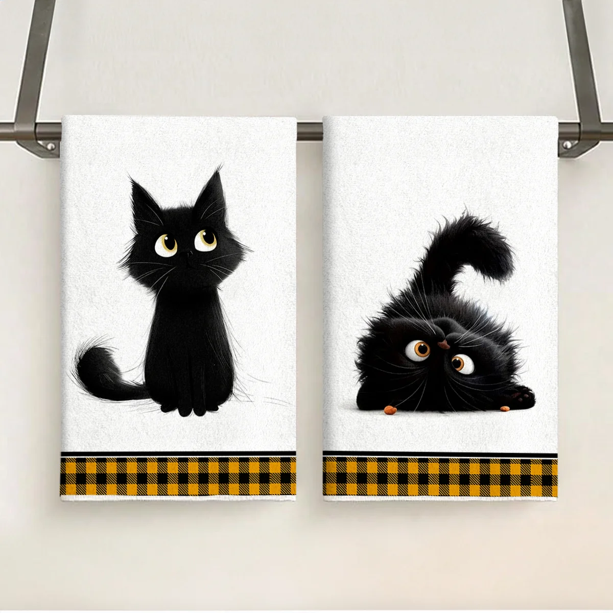 2Pcs, Small Black Cat Yellow and Black Checkered Kitchen Towels, 40Cm*60Cm Towel Set, Super Absorbent Soft Cleaning Cloth, Cooking and Baking Tea Towel, Hand Towel, Cleaning Cloth, Dishwashing Cloth, Kitchen Decoration, Living Room Decorations, Kitchen Essentials, Home Essentials