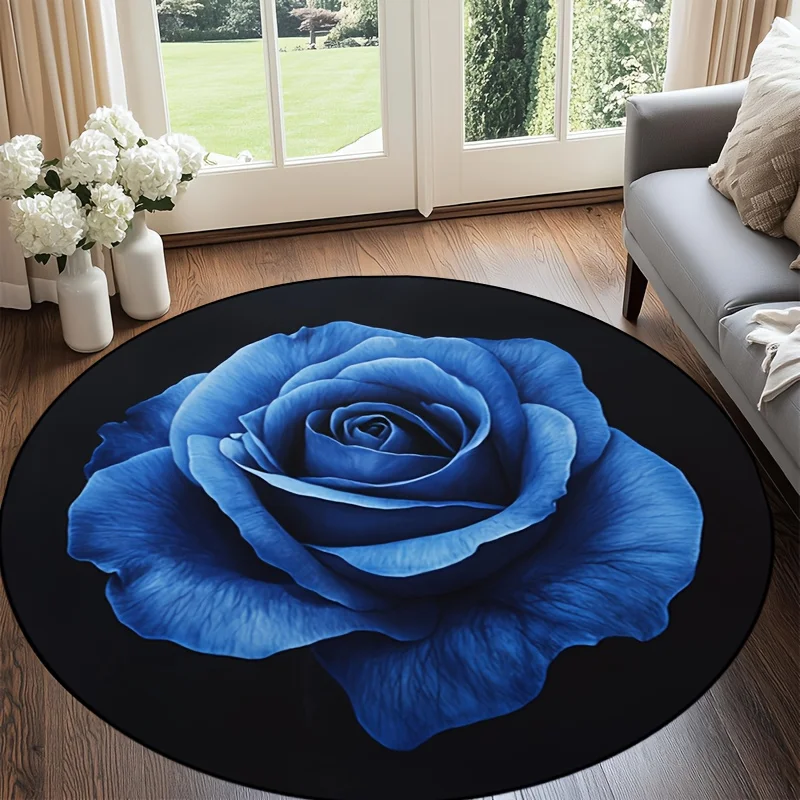 Blue Rose Round Area Rug 3D Floral Non Slip Floor Mat Living Room Bedroom Dining Decor Washable Carpet Ornament