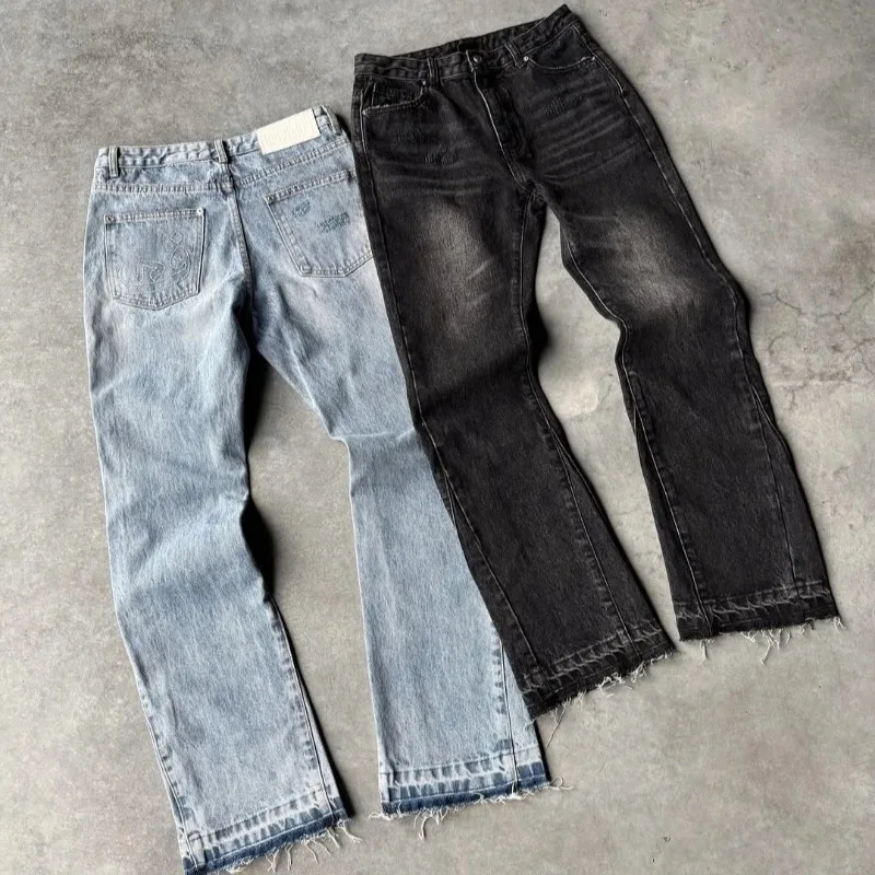 Y2K Vintage Slim Fit Jeans Trendy Washed Men Women Harajuku Hip Hop Straight Leg pants Gothic Fringed Casual Micro Flared