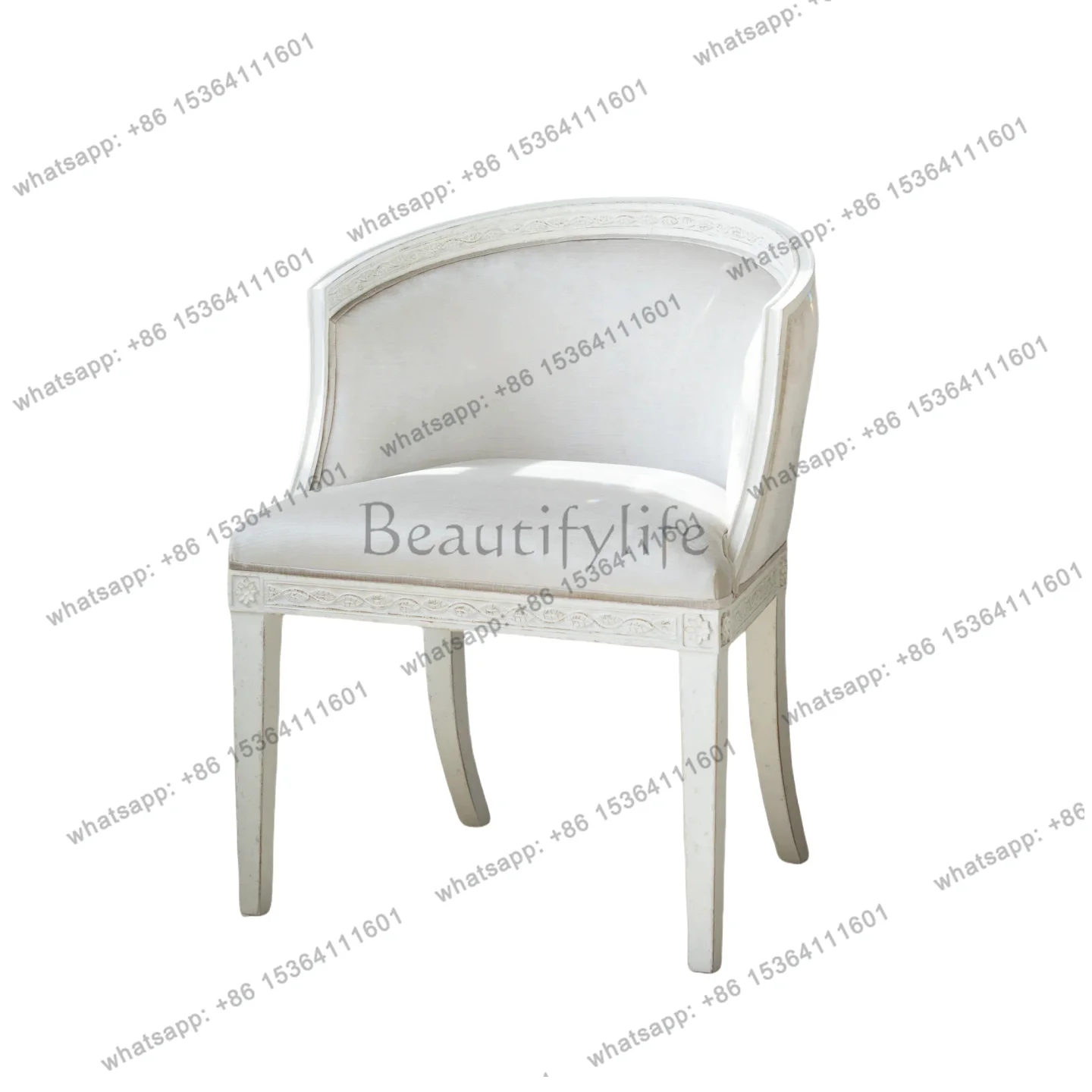 French retro solid wood carving flower dining chair European antique old milk white dining chair export