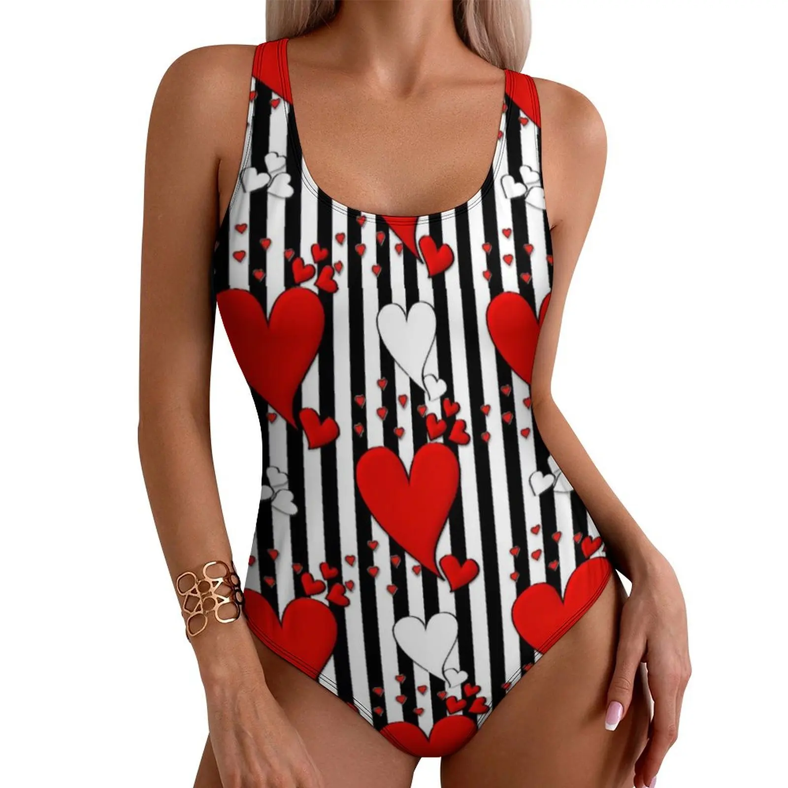 Valentine Heart Print Swimsuit Sexy Black Stripes Lady Swimwear One-Piece Fashion Bodysuit Fitness Push Up Backless Bathing Suit