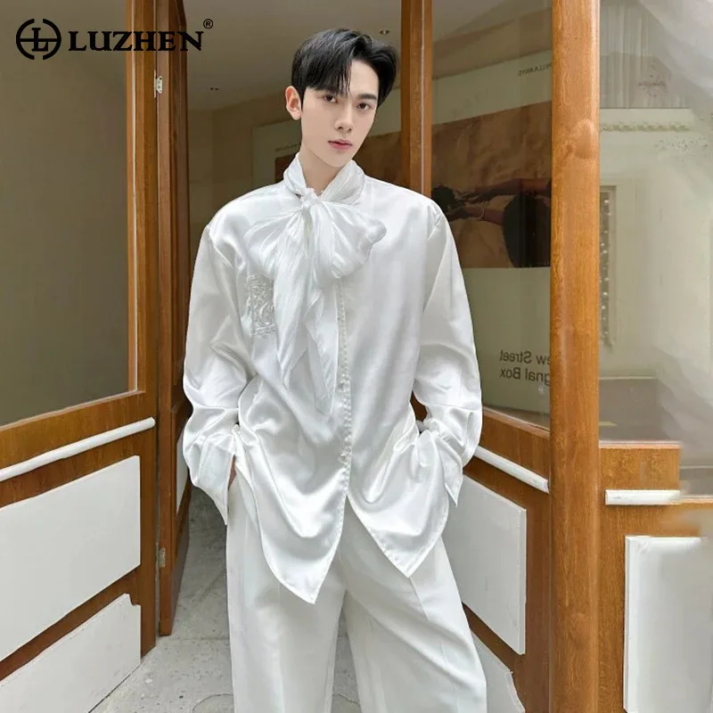 LUZHEN Ribbon Temperament 2026 Decorate Elegant Spring Long New Sleeve Shirts Men's Trendy High Quality Luxury Male Tops JY8435