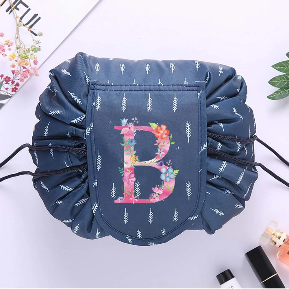 Bolsa de cosméticos para mujer, bolsa de maquillaje con cordón, bolsa de almacenamiento de cosméticos, serie de letras rosas, bolsa organizadora de belleza y artículos de tocador impermeable