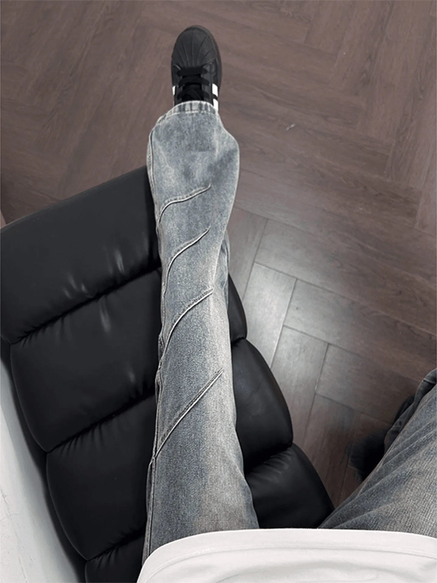 Retro Blue Pleated Knife  Men's Jeans Straight Leg Bell Bottoms High Street American Style Autumn Slimming Trousers
