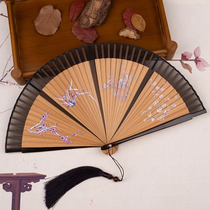 Gold Silk Palm Bamboo Folding Fan with Four Gentlemen Pattern for Gift Daily Fan Lightweight Portable Chinese Style Photo Prop