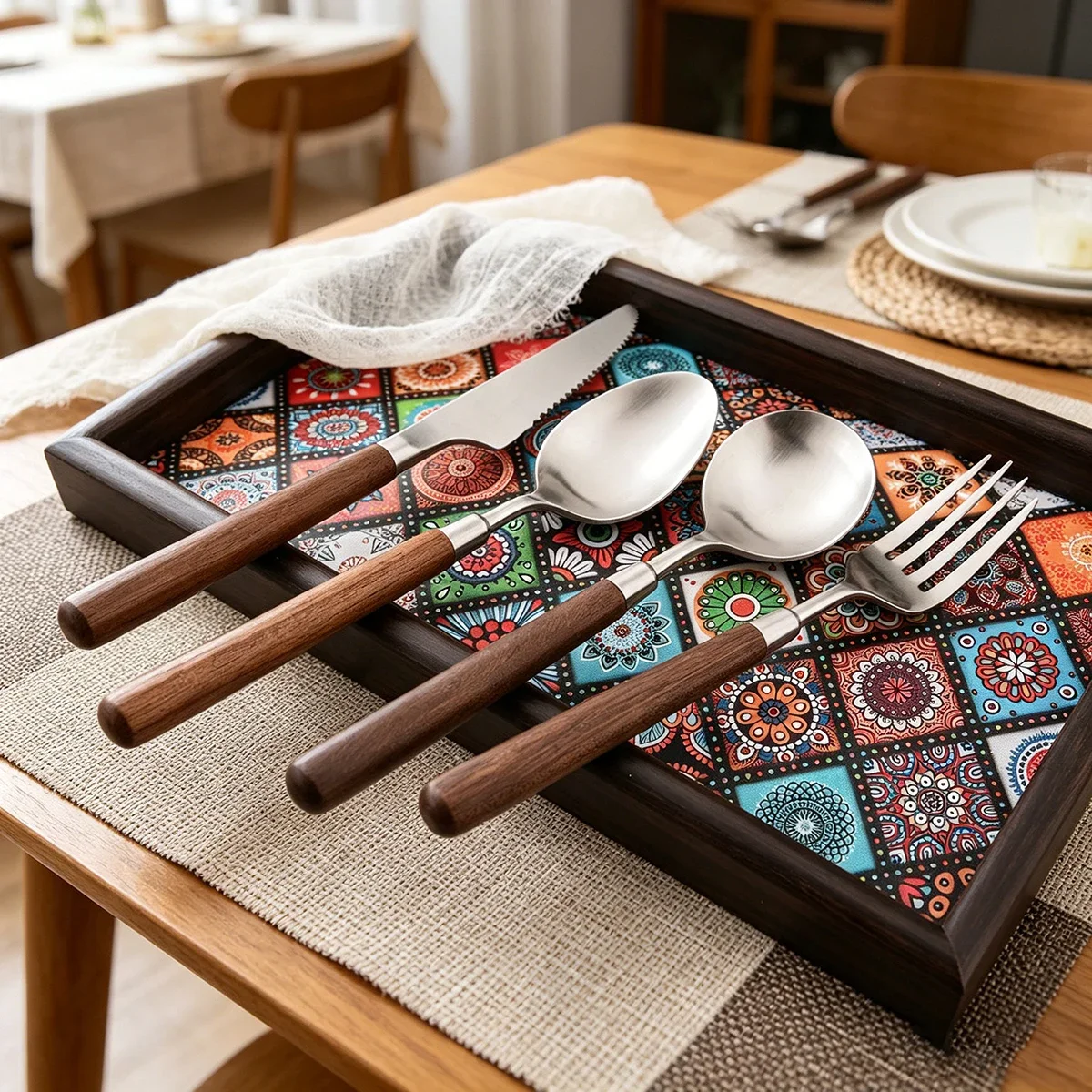 1/4pcs Knife Fork Spoon Dinnerware Matte Wooden Handle Cutlery Set Stainless Steel Tableware Set Kitchen Dining Party Flatware