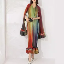 Miyake Pleated Suit Women High-end Spring and Summer New Gradient Color V-neck Inner Long Dress Long-sleeved Outer Two-piece Set