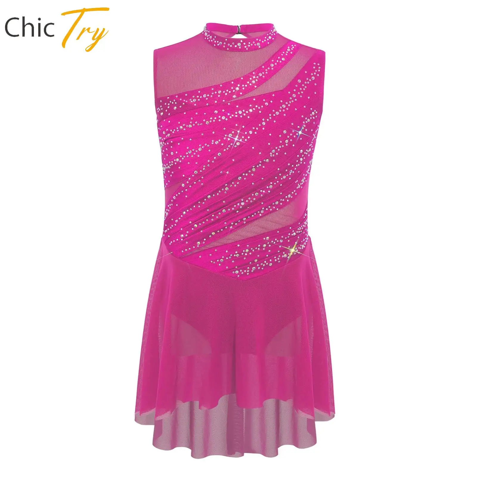 

Kids Girl Sleeveless Lyrical Modern Dance Dress Shiny Rhinestone Ruched Ballet Gymnastics Figure Skating Leotard Dress Dancewear