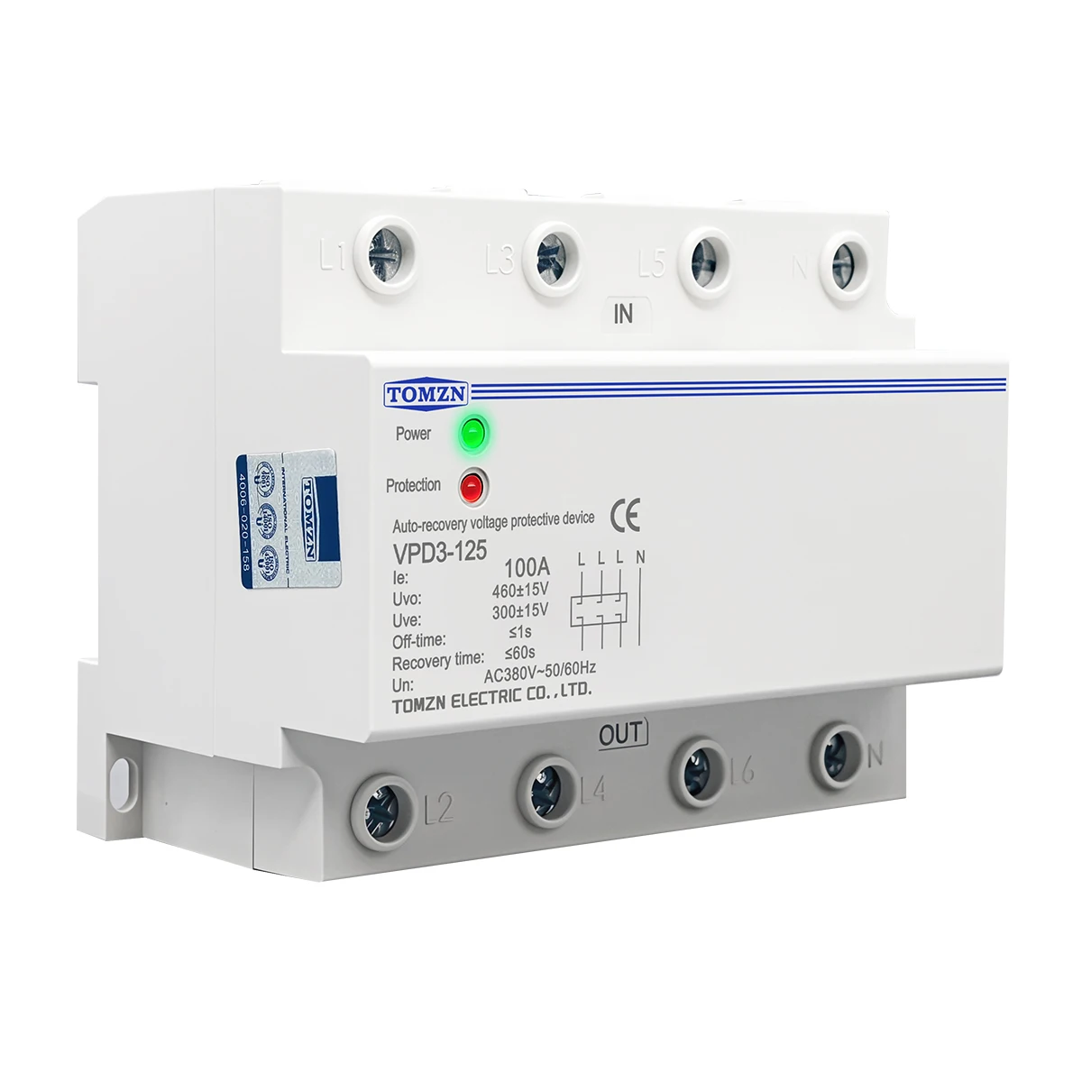 TOMZN 100A AC380V Three Phase Four Wire Din Rail Automatic Recovery Over Voltage And Under Voltage Protective Protection Relay