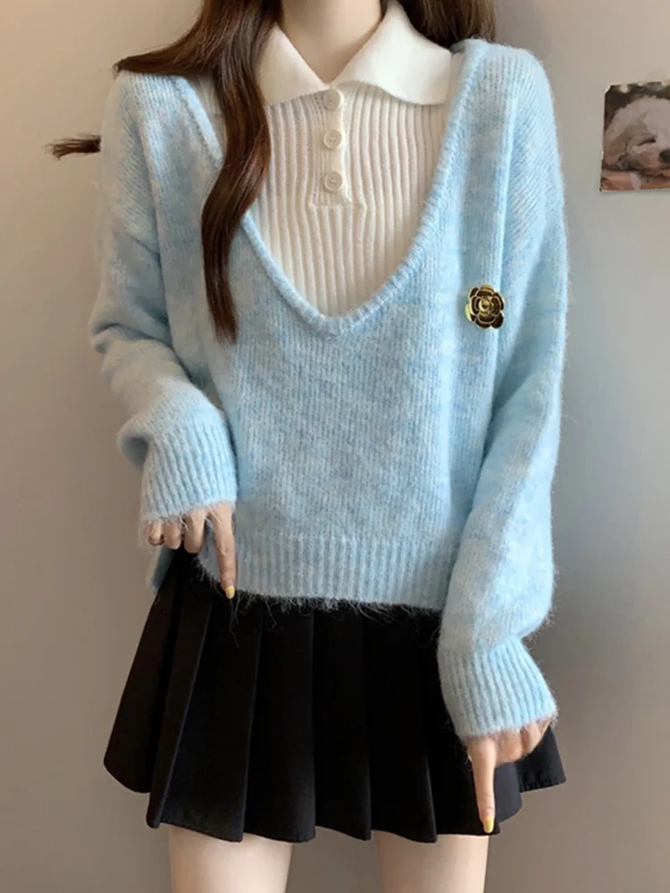 

Корейский вязаный свитер с воротником-стойкой для женщин, свободный крой, эффект двухслойности, весенняя новинка, универсальный женский топ