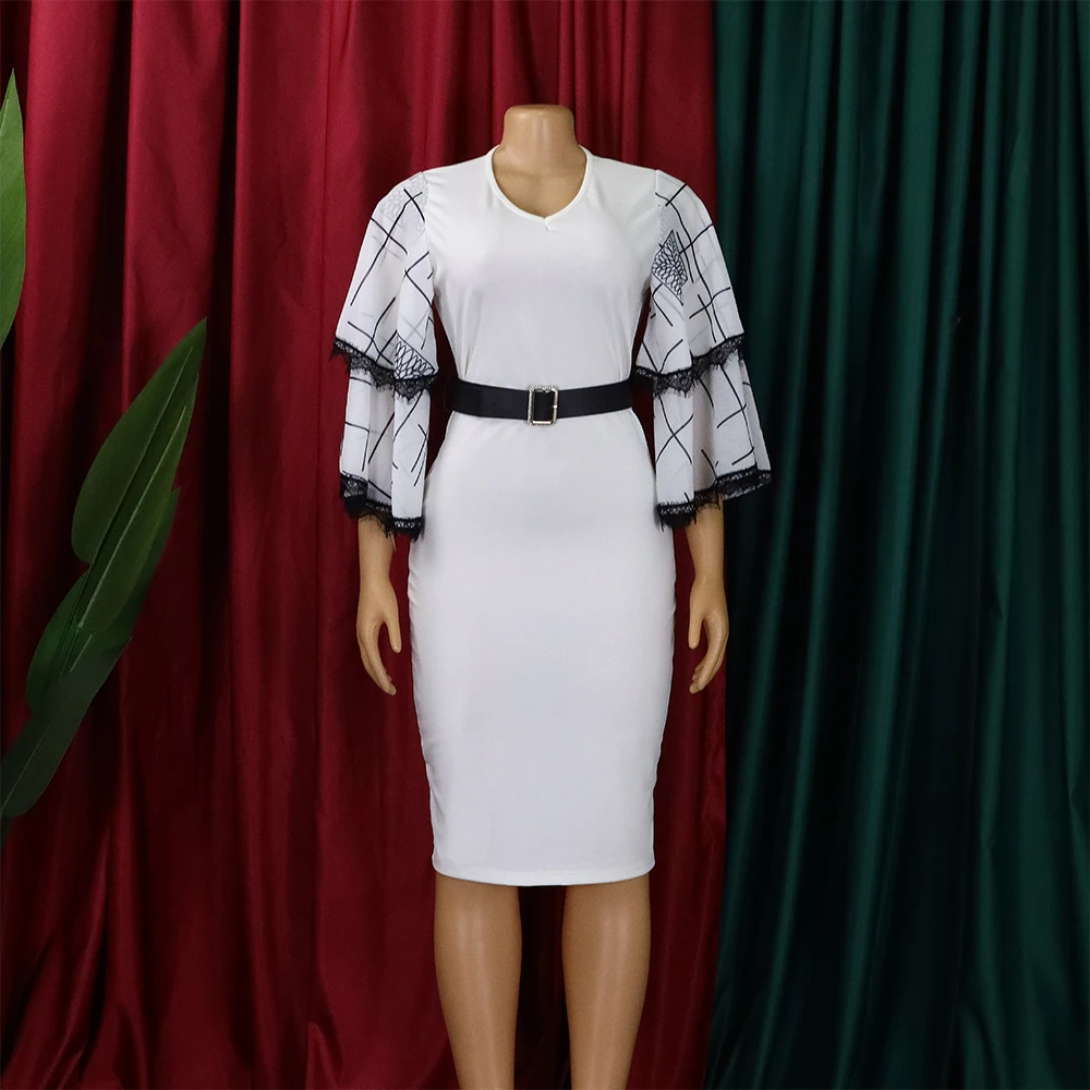 Estate nuovo Design donna moda elegante Plus Size abiti da chiesa scollo a V manica svasata signora lunghezza al ginocchio abito da ufficio formale da lavoro