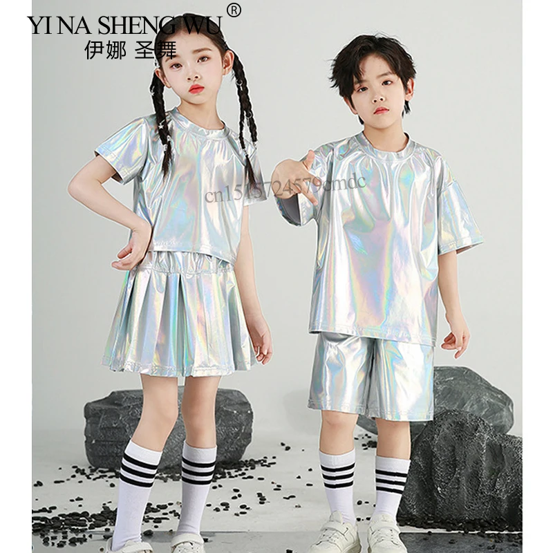 جديد الفتيان والفتيات الهيب هوب مجموعة فضية اللون ملابس رقص الجاز الأطفال أداء الملابس موضة المدرج الشارع ملابس رقص #4