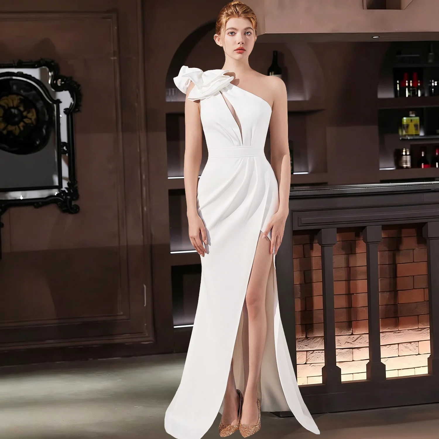 Evening Dress Women's One-Shoulder Elegant Model Catwalk Annual Meeting Activity off-the-Shoulder Split Long Dress
