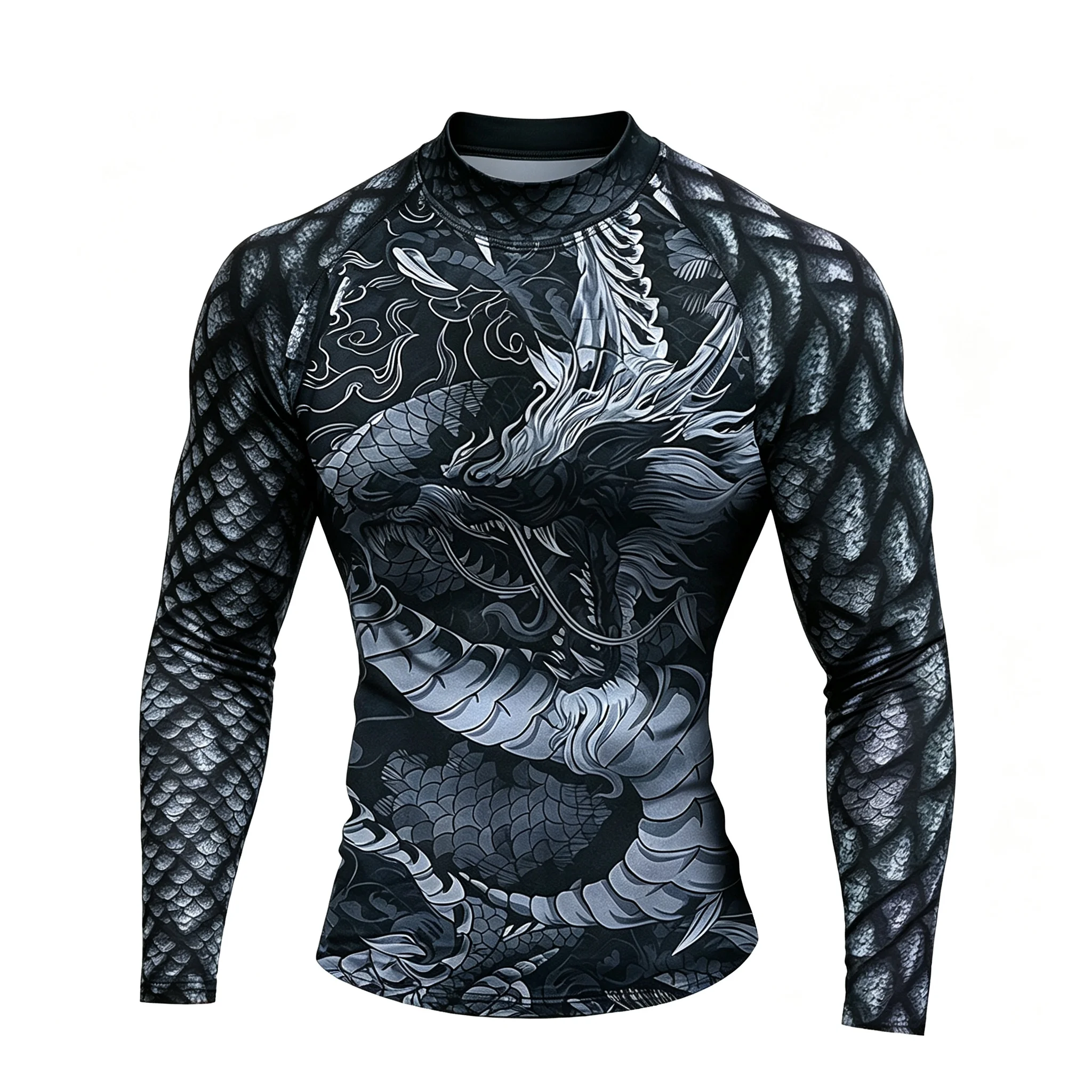 Men's Half High Neck Compression Long Sleeve Shirt Grey Dragon Print Quick Dry Gym Workout MMA Rash Guard Athletic Training Top