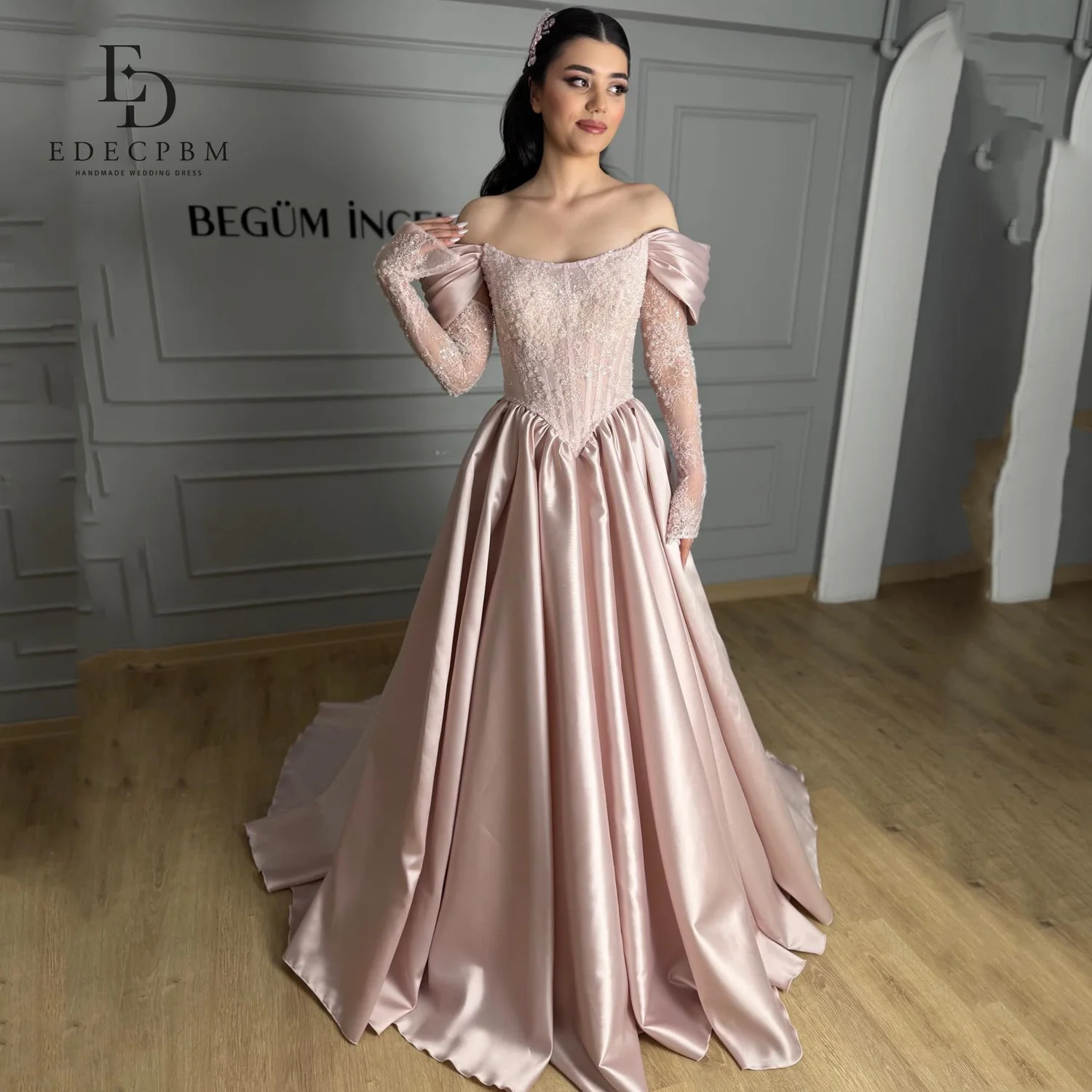 EDECPBM Rosa luxuriöse Damen-Abendkleider von Marken, A-Linie, maßgeschneiderte elegante Partykleider aus Satin und Spitze für besondere Anlässe