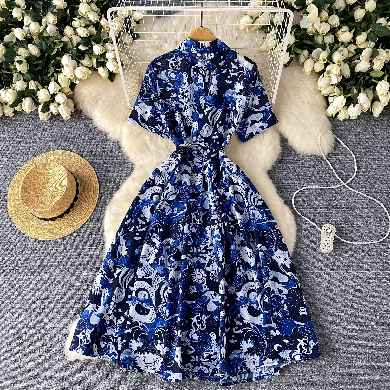 Vintage Chiffon Polo-neck Short Sleeves Single Breasted Loose Dress Women A-LINE Fashion Summer Dresses