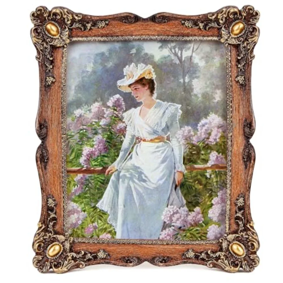 Vintage 5x7 Picture Frames Brown Photo Frame Golden Gemstone with Glass Floral Antique Picture Frame for Tabletop Wall Hanging