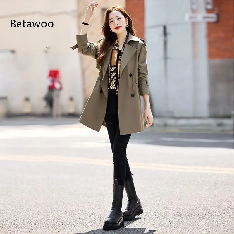 Women Lapel Double Breasted Trench Coat Waist Drawstring Adjustable Belt Cuff Strap Mid Length Loose Casual Windbreaker
