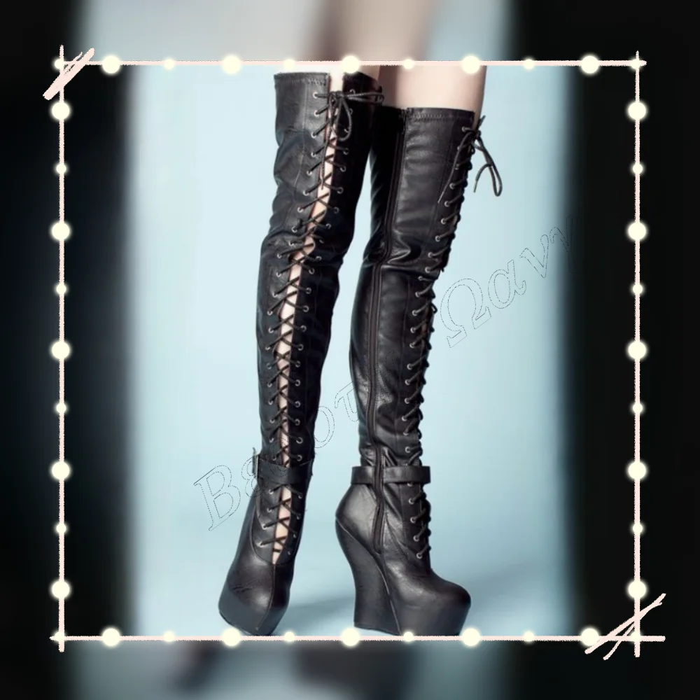 

Black Front Hollow Boots Wedges Lace up Strange Style Side Belt Men Heels Long Shoes for Women Shoes 2025 Zapatos Para Mujere