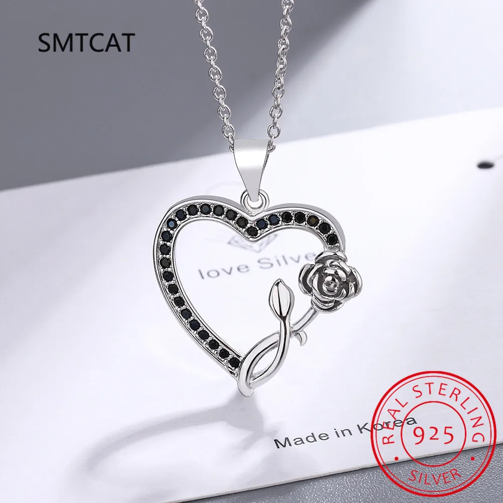 Natural Black Spinel Gemstone Heart Shape Rose Flower Pendant Necklace for Women Birthday Gift 925 Sterling Silver Fine Jewelry