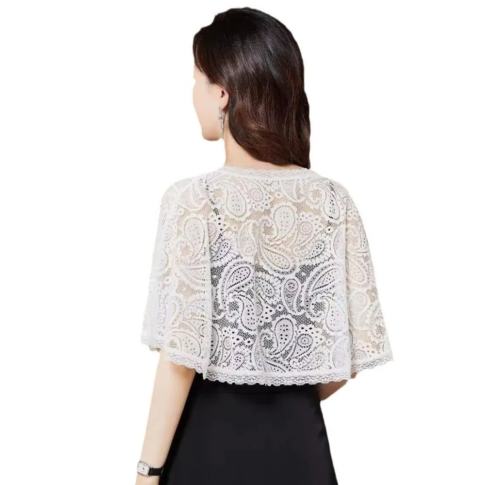 

Elagent White Black Floral Lace Shawl Hollow Out Thin Bridal Cape Sun Protection Breathable Crochet Flower Poncho