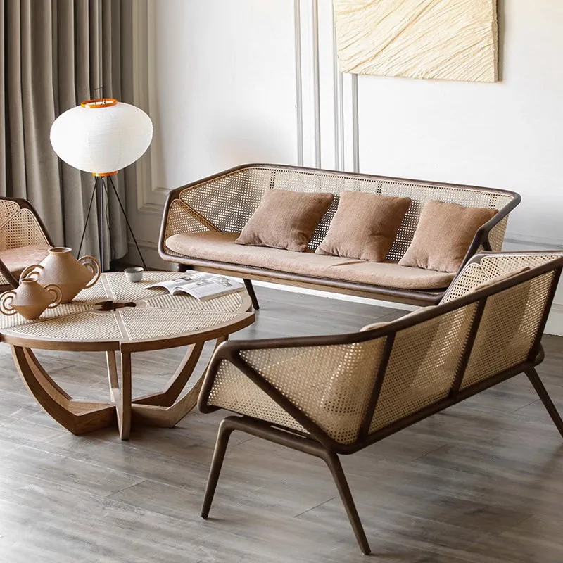 

Rattan sofa medieval sofa chair Japanese ins living room solid wood designer three people
