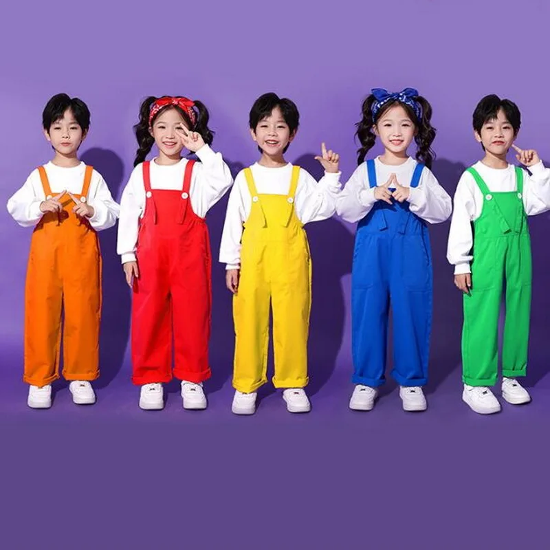 Kids Hip Hop Loose Colorful Overalls Girls Boys Patchwork Dungaree Children Candy Color Jumpsuit Street Dance Romper Streetwear