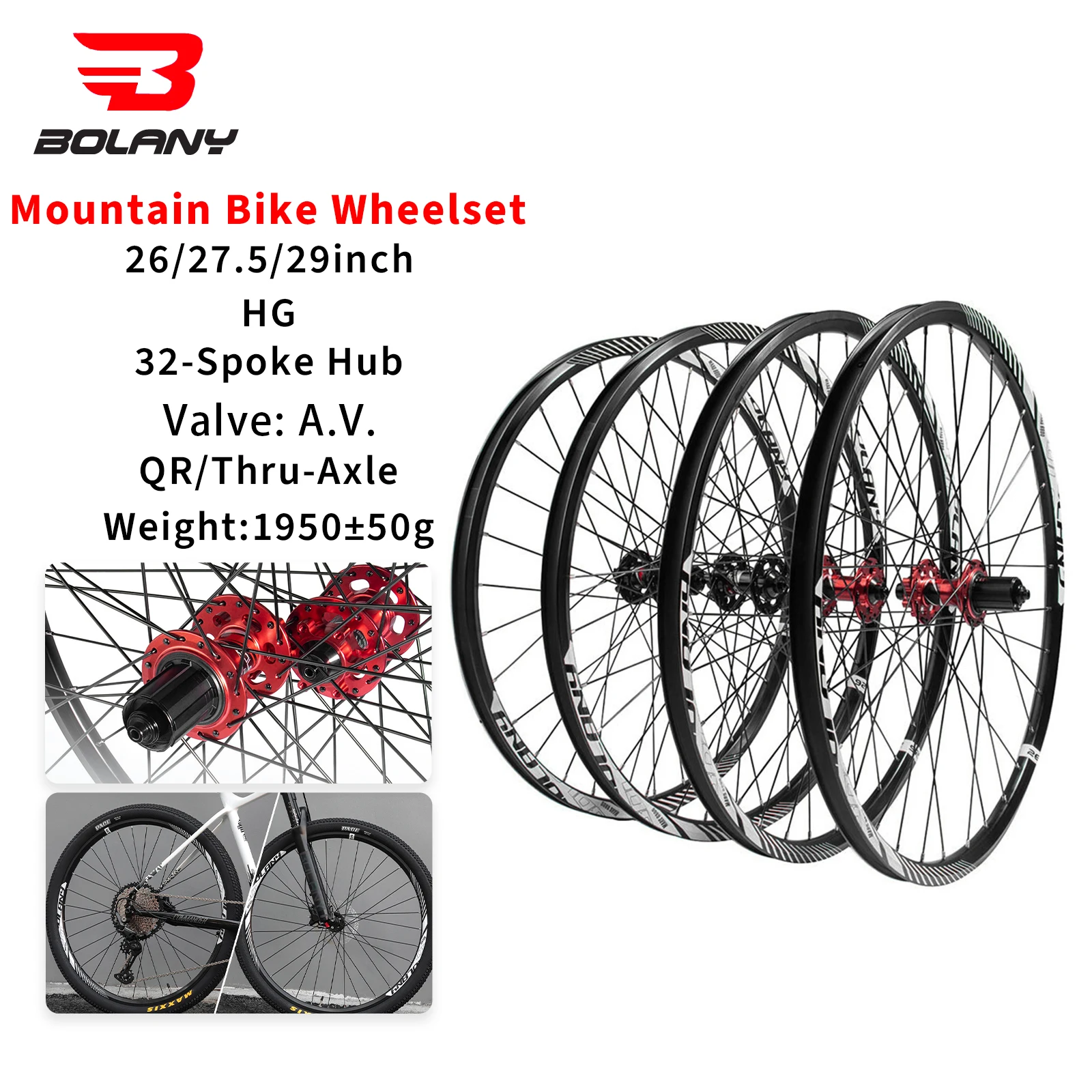 BOLANY 26/27.5/29 Inch MTB Wheelset QR/Thru-Axle 32H HG Double Rim Mountain Bike Disc Brake Wheelset  Aluminum Alloy Rim 6 Pawls