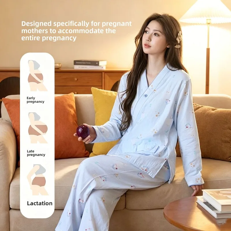 Kimono Style Women‘s Double Gauze Cotton Nursing Pajama Set, Convertible Maternity & Breastfeeding Top, Breathable Lightweight S