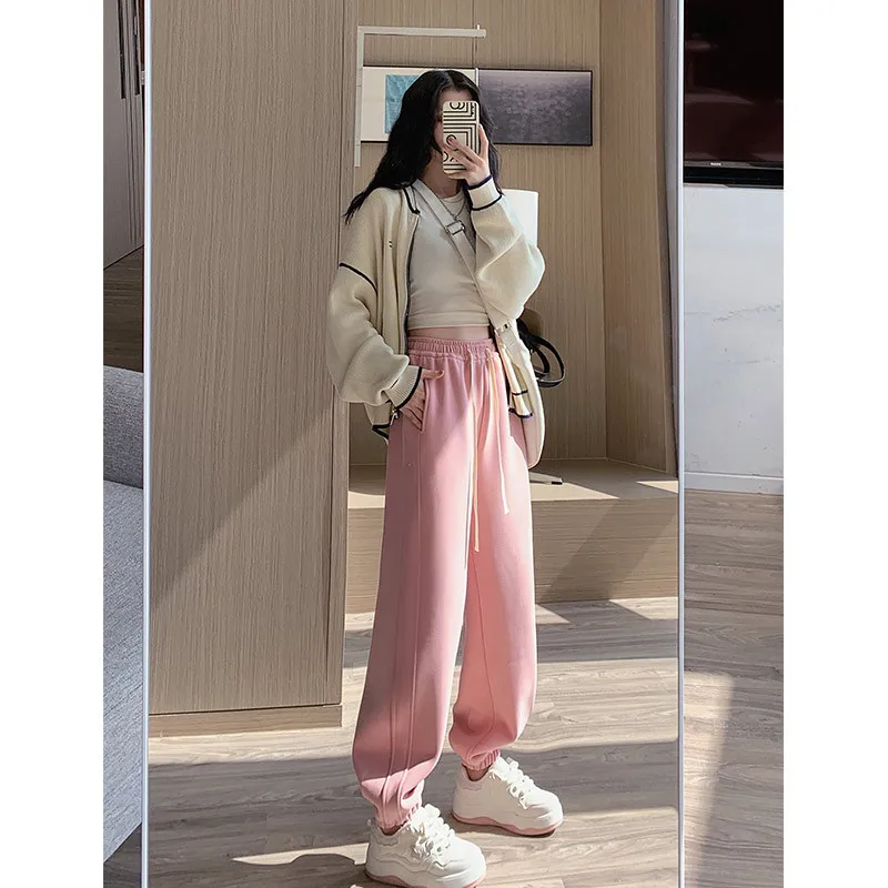 Pink Fleece Lined Windproof Pants Women's Autumn Winter New Loose Casual Sweatpants Cuffed Thickened Harlan Sports Pants