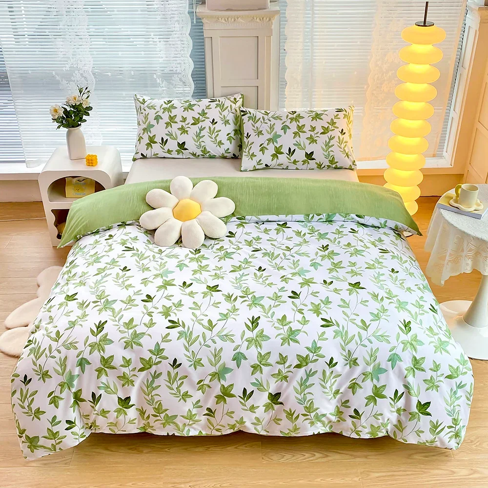 3pcs Set Green Flower Print Duvet Cover with Pillow Case Nordic Comforter Bedding Set Quilt Cover Queen/King Double  Bed