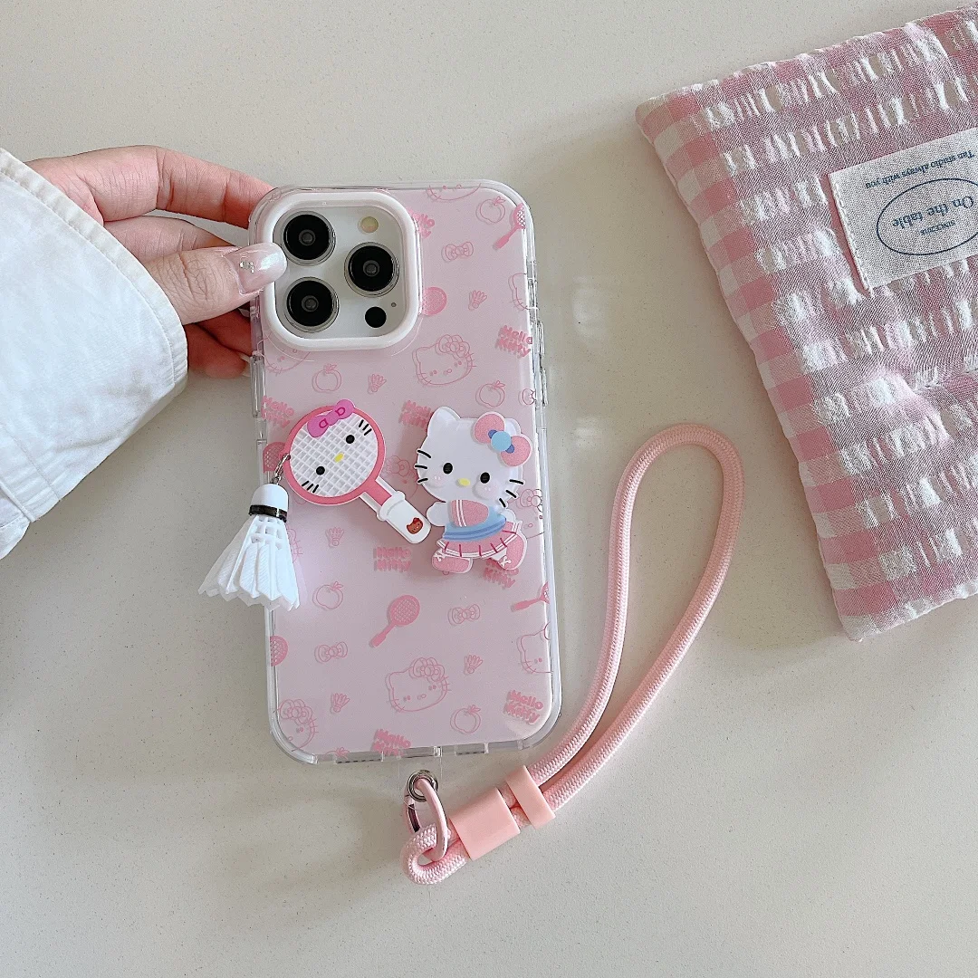 

Play Badminton Hello Kitty KT Lanyard Phone Case For IPhone 16 15 14 13 Pro Max Y2K Pink Girl Kawaii Cute Cover