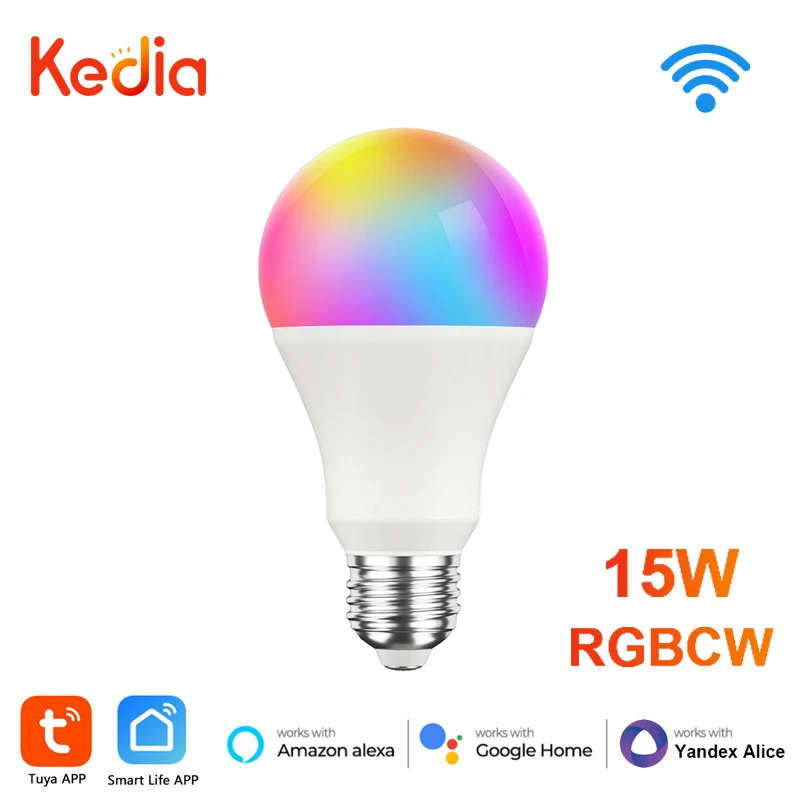 Kedia Tuya WiFi E27 B22 lampadina a LED 15W RGBCW 100-240V lampada a Led Smart Home controllo vocale Alexa Google Home Tuya Smart Life