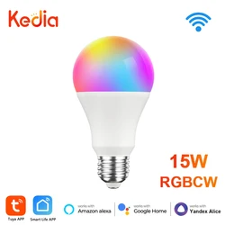 Kadia-bombilla LED E27 B22 para el hogar, lámpara inteligente con WiFi, 15W, RGBCW, 100-240V, Control por voz, compatible con Alexa, Google Home, Tuya Smart Life