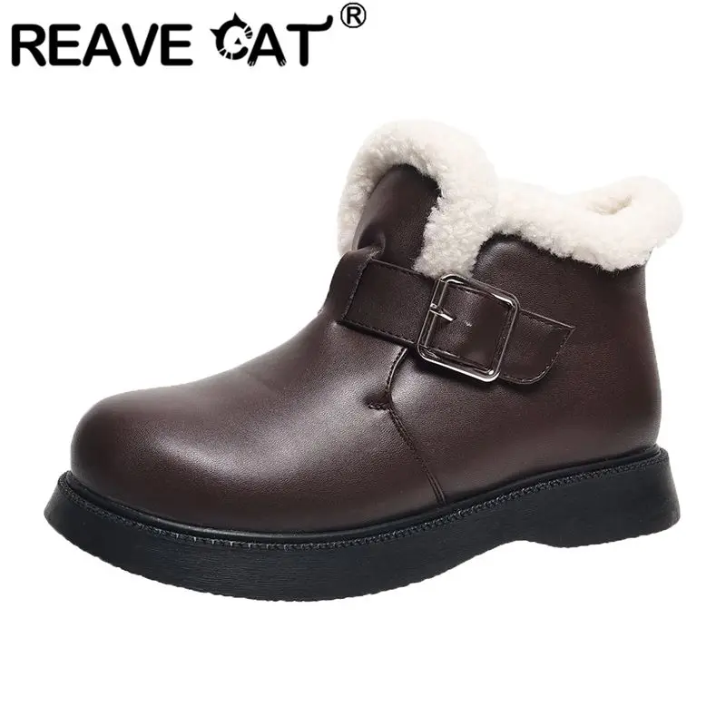 

REAVE CAT Girls Warm Plush Ankle Boots Round Toe Slip On Flats Belt Buckle Small Size 31 32 Outdoor Non Slip Daily Short Booties