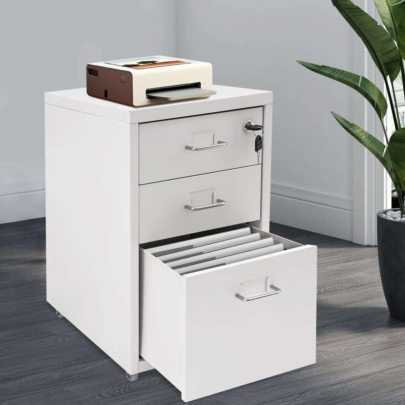 Vertical File Cabinet with 4 Wheels - 3-Drawer Metal Mobile File Cabinet with Lock - 11×16×18.3 Inch under Desk Lockable File Cabinet