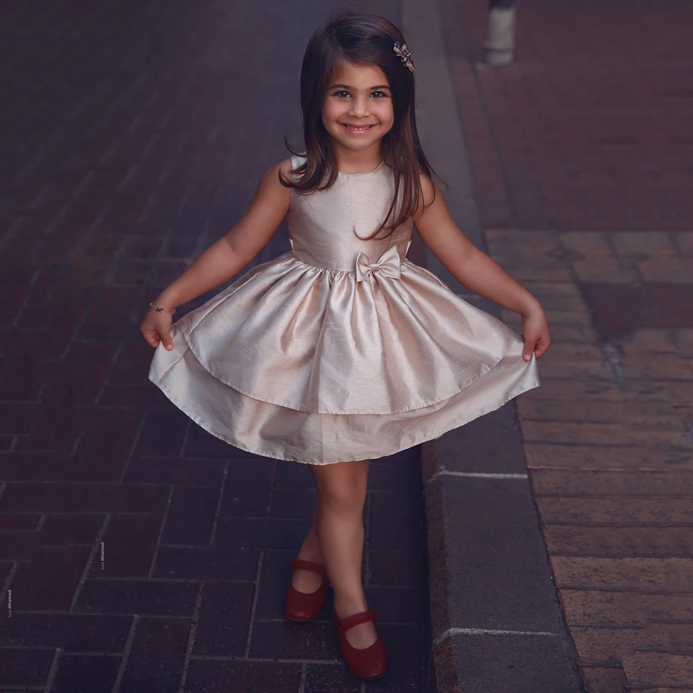 Simple Jewel Sleeveless Girl's Party Dresses with Bow Short Flower Girl Dress Tiered A Line First Communion Gown