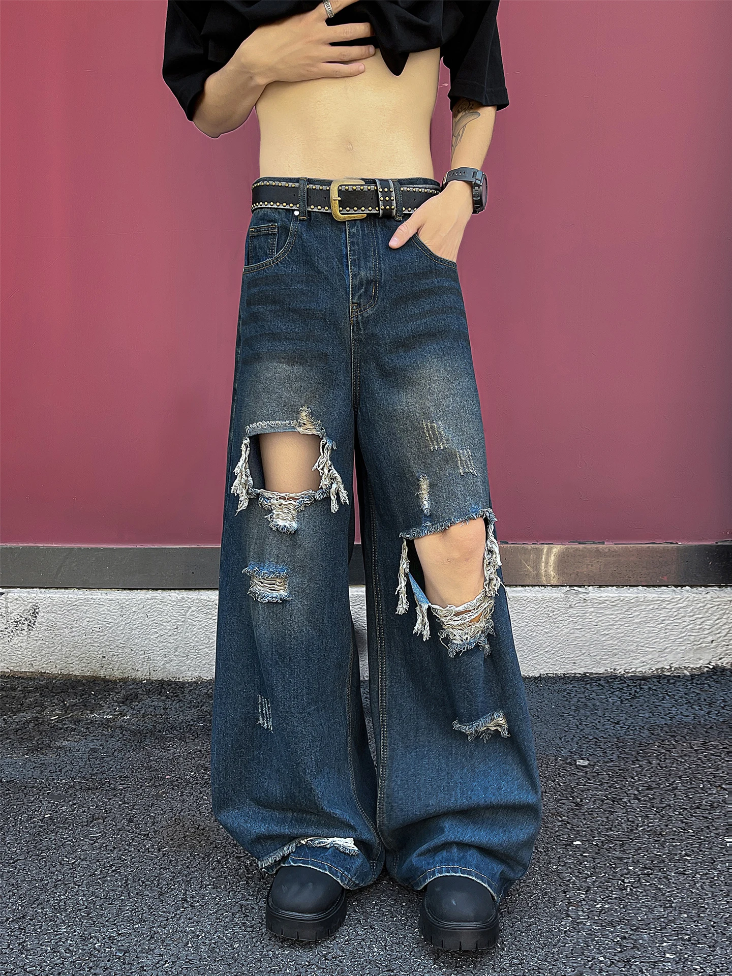 

Ретро уличные джинсы с американской талией, мужские и женские свободные повседневные длинные брюки, модный дизайн с дырками, молодежные летние джинсы