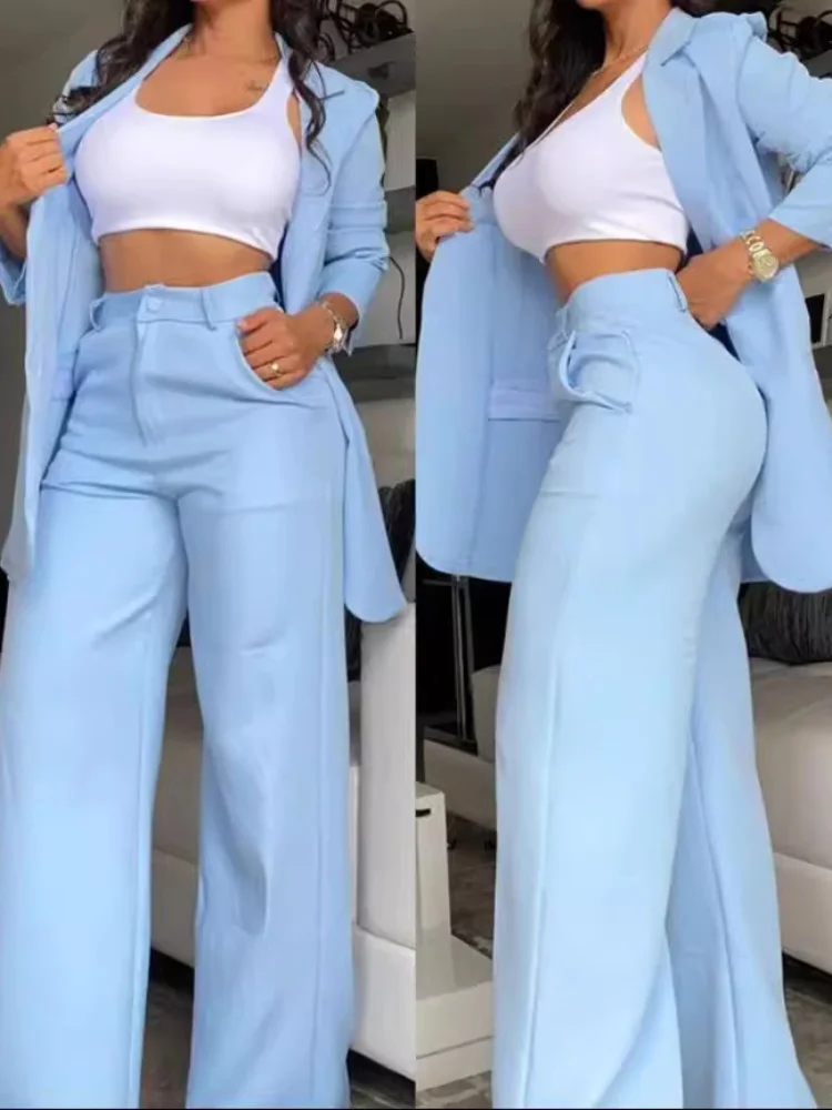 

Три сестры, осенний новый стиль, женские элегантные однотонные тонкие индивидуальные прямые брюки с лацканами, женский костюм из двух предметов