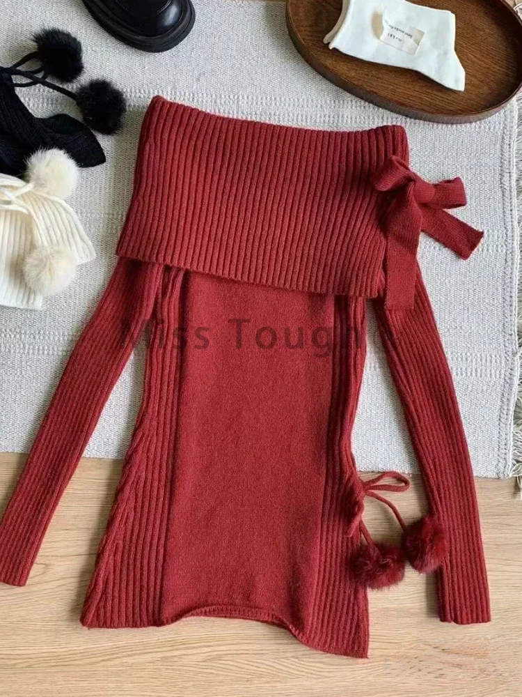 Conjunto de 2 piezas ajustado elástico para mujer, Tops de manga larga con lazo liso y falda corta con volantes finos de cintura alta para invierno