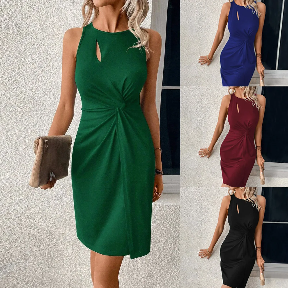Women Round Neck Slim Cutout Design Sleeveless Bodycon Office Commuter Dress